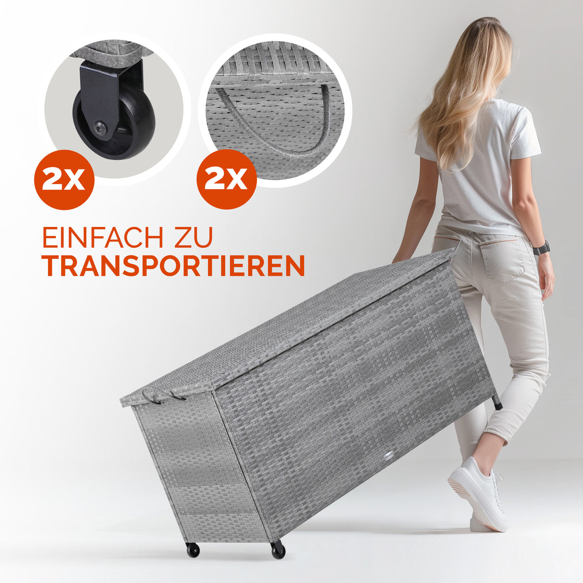 Polyrattan Cushion Box Grigio 117x53x60cm con Ruote