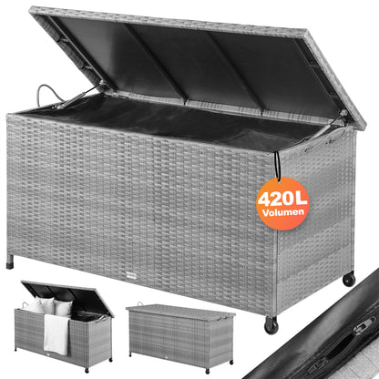 Polyrattan Cushion Box Grigio 117x53x60cm con Ruote
