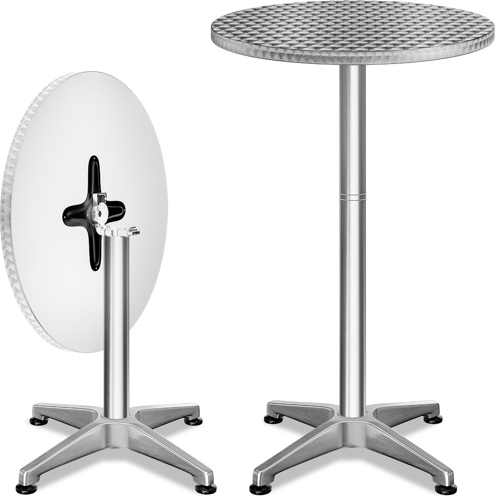 Set di 2 tavoli alti in alluminio argento Ø60cm pieghevoli, regolabili in altezza
