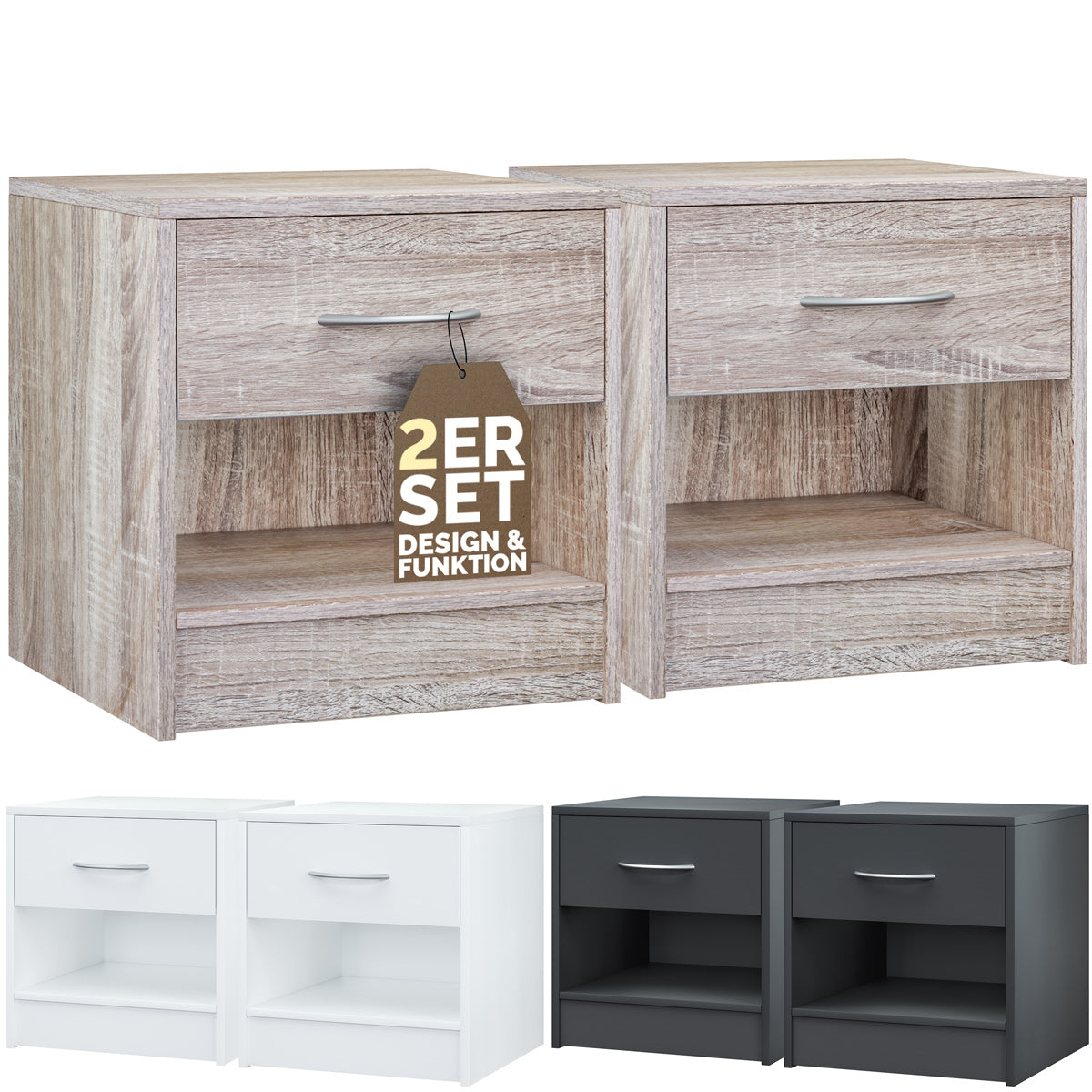 Comodino Kiel Set di 2 Rovere 41x39x28cm