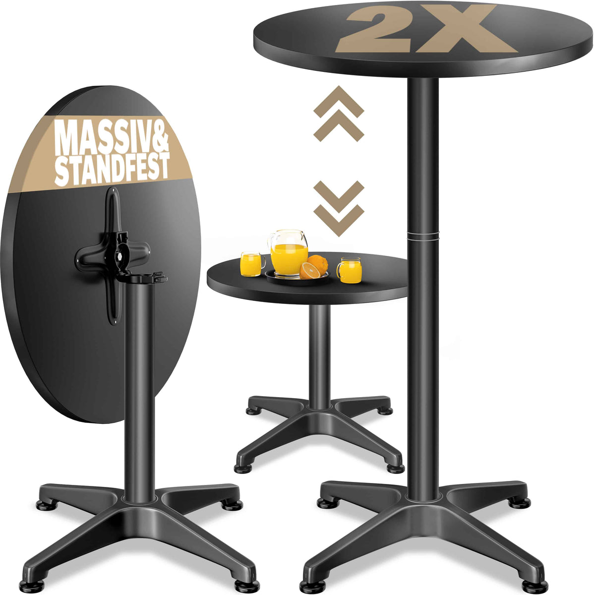 Tavolo alto in alluminio Set di 2 Nero Ø60cm pieghevole, regolabile in altezza
