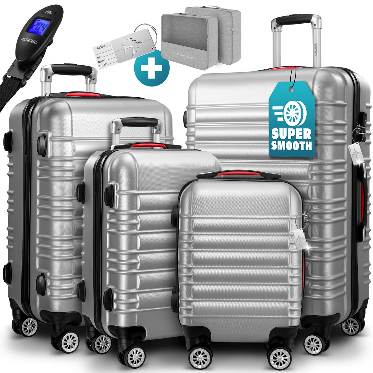 Set di valigie rigide Baseline 4 pezzi, accessori in ABS argento