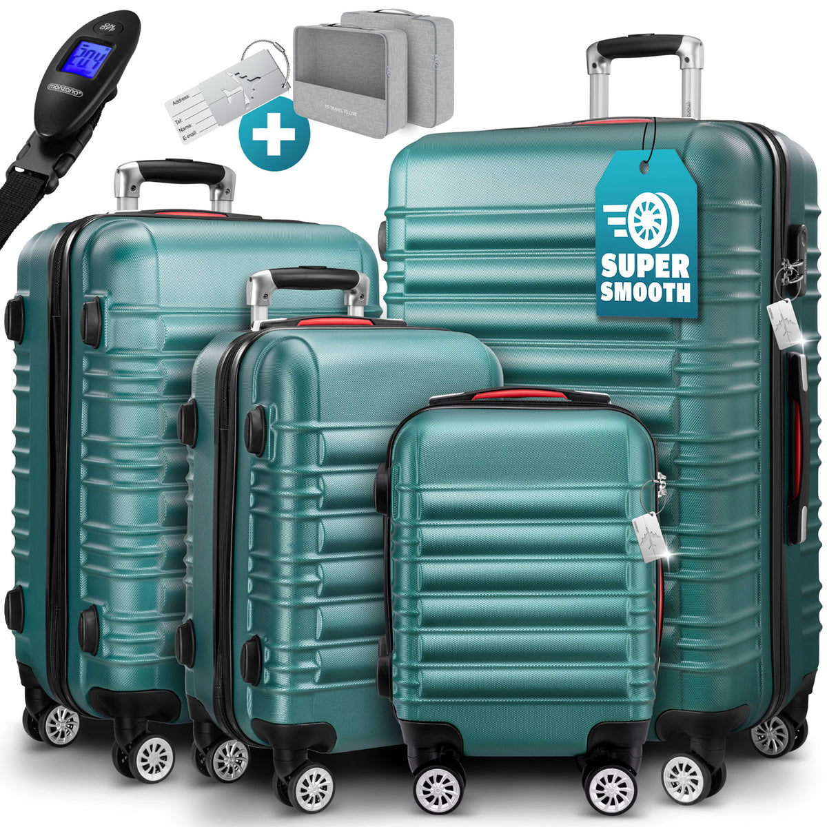 Set di valigie rigide 4 pezzi Baseline, accessori verdi in ABS