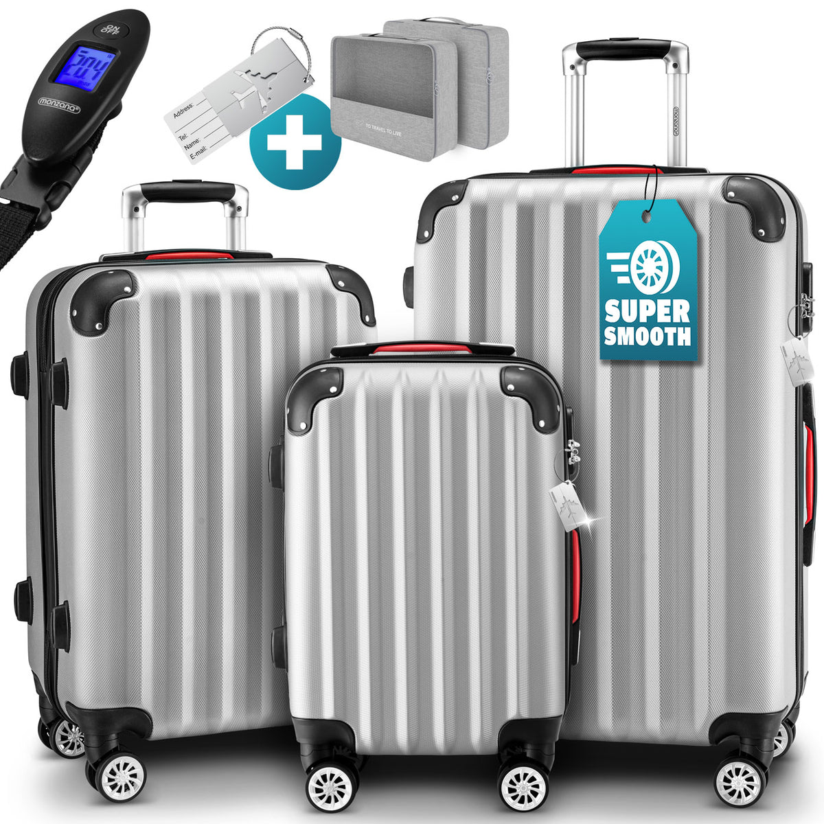 Set di valigie rigide Baseline 3 pezzi, accessori in ABS argento