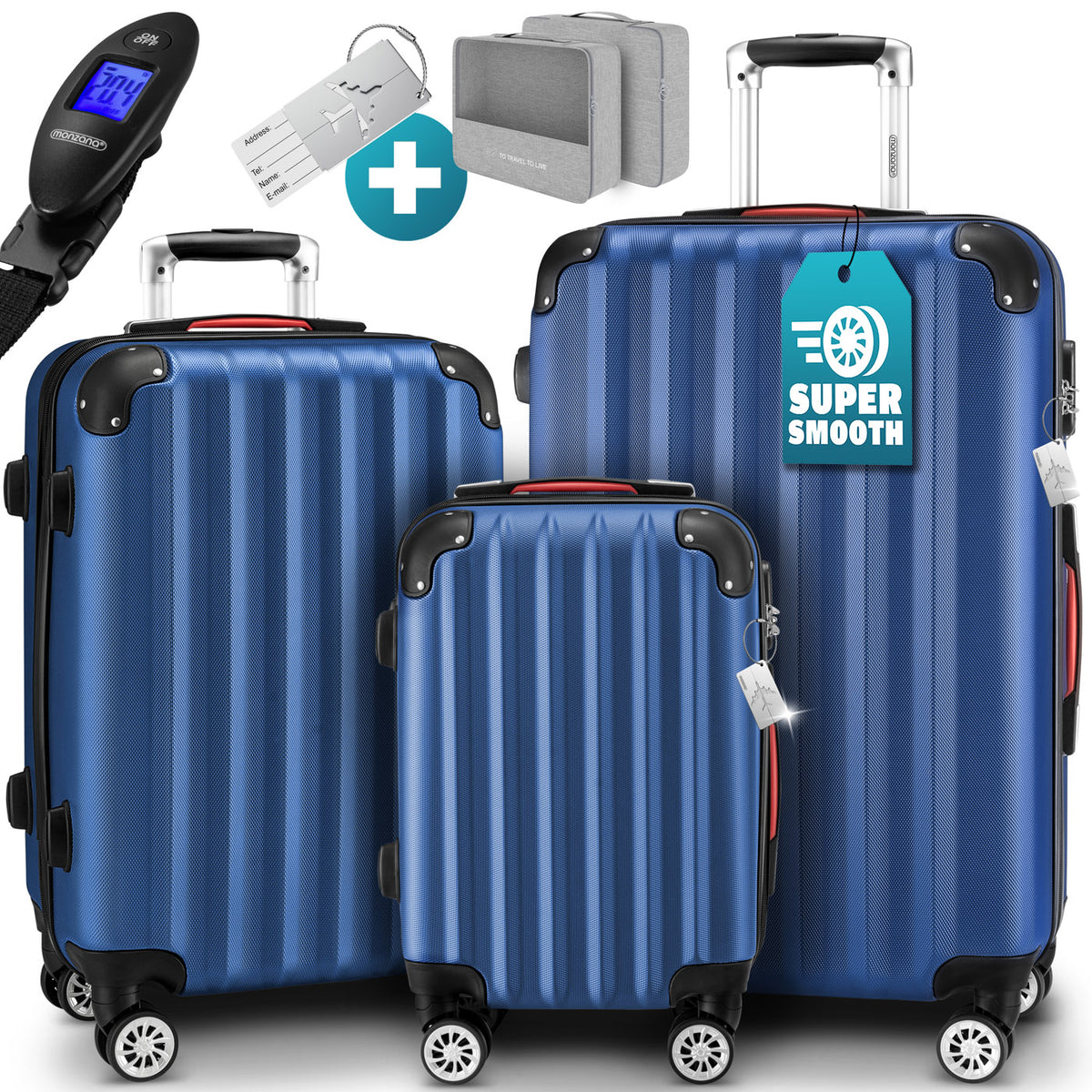 Set di valigie rigide 3 pezzi Baseline, accessori in ABS blu
