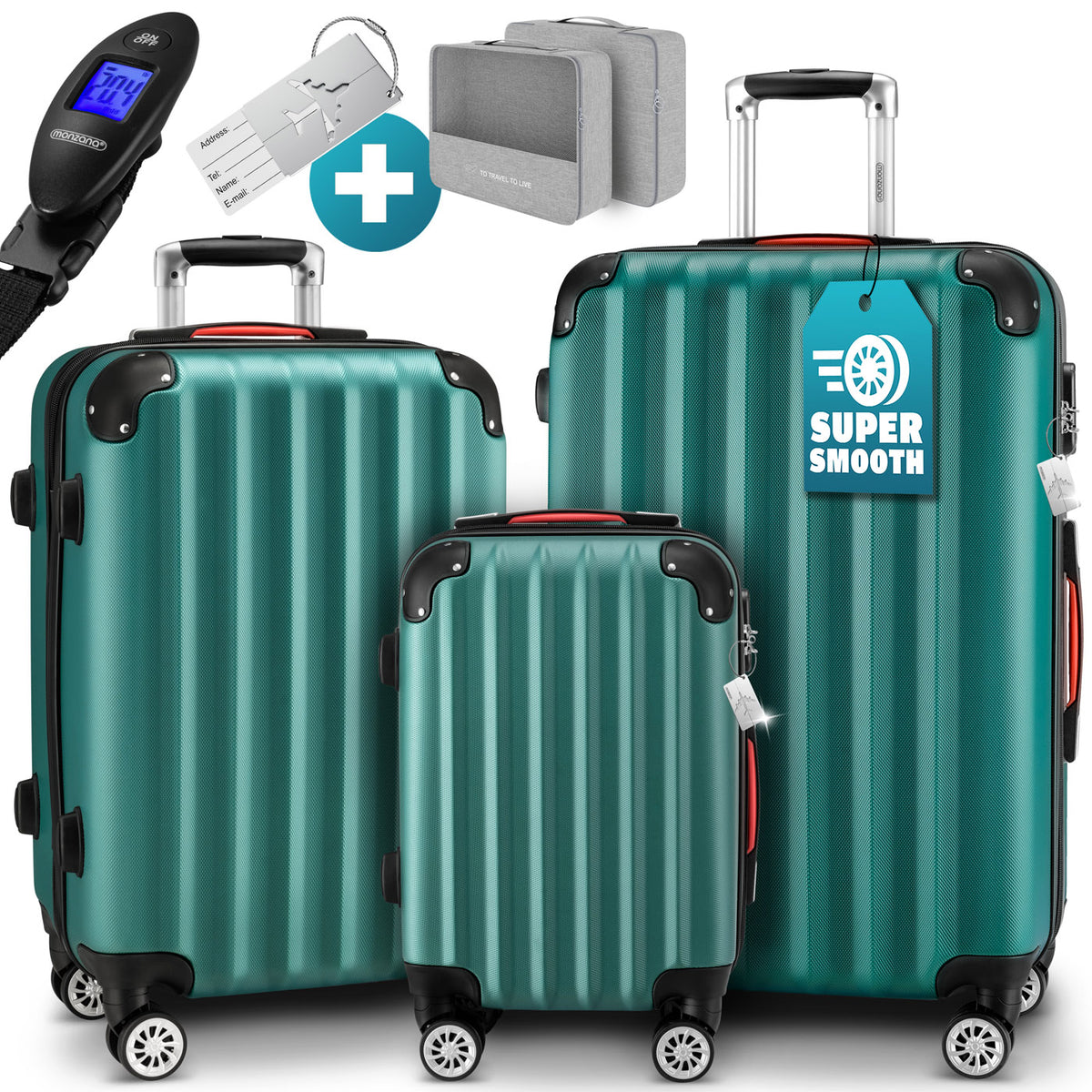 Set di valigie rigide 3 pezzi Baseline, accessori verdi in ABS
