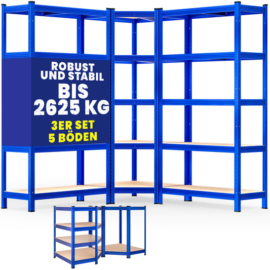 Set di 3 scaffali angolari e per carichi pesanti blu da 875 kg l'uno