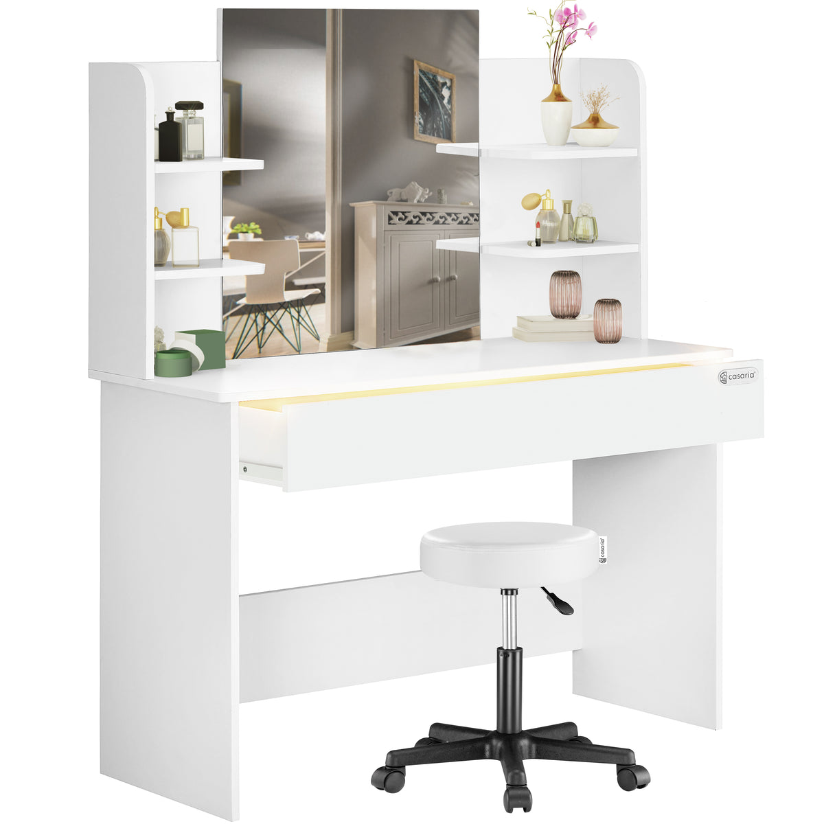 Tavolino da toilette Lucia Bianco 140x110x40cm con sgabello rotante