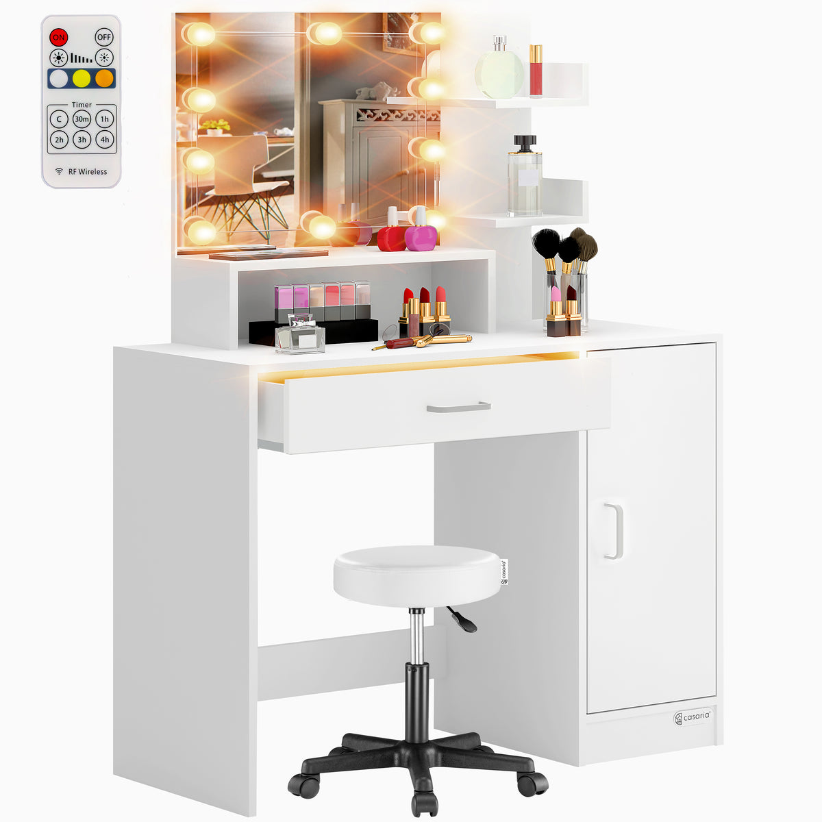 Tavolino da toilette Jocelyn Bianco 140x90x40cm LED + sgabello su rotelle