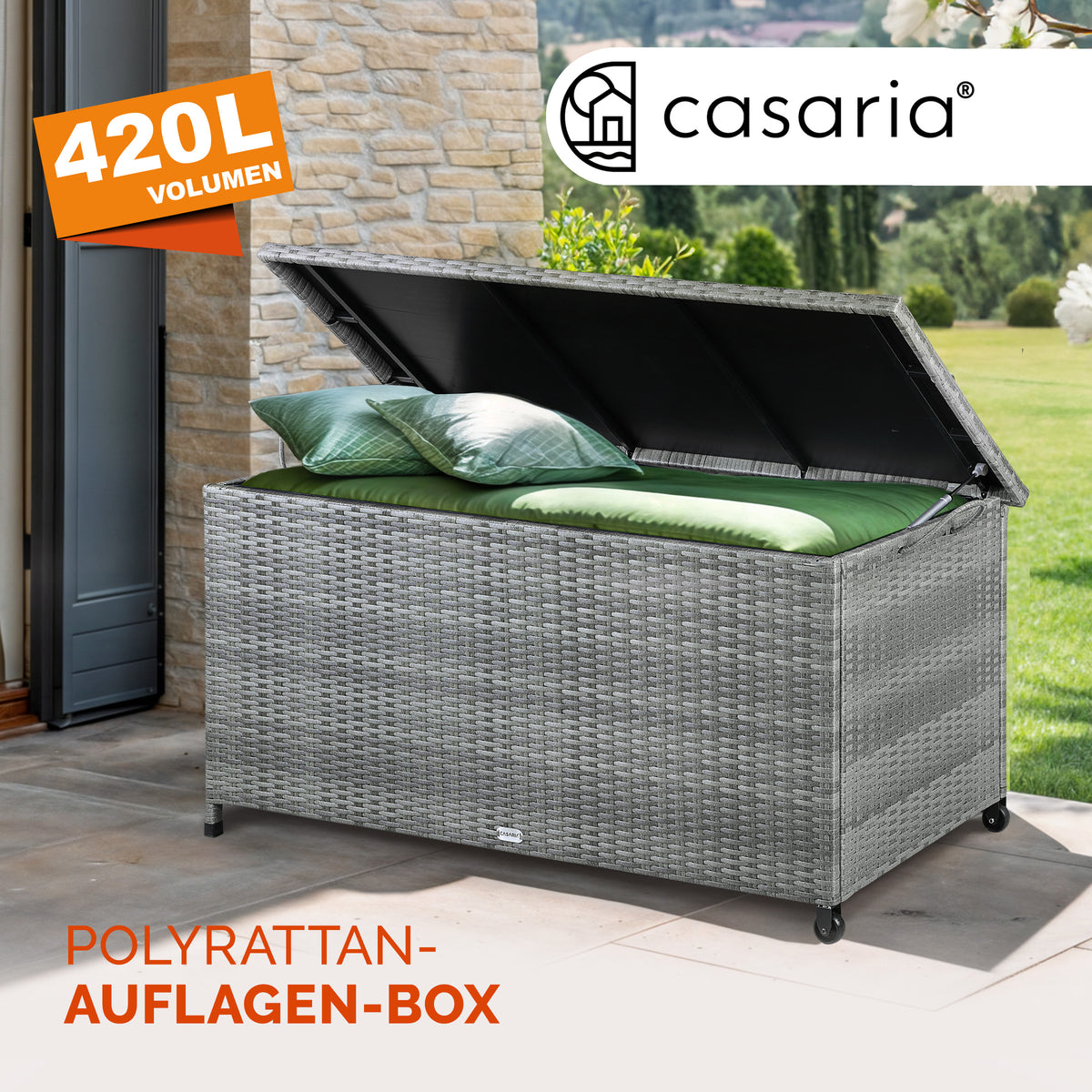 Polyrattan Cushion Box Grigio 117x53x60cm con Ruote