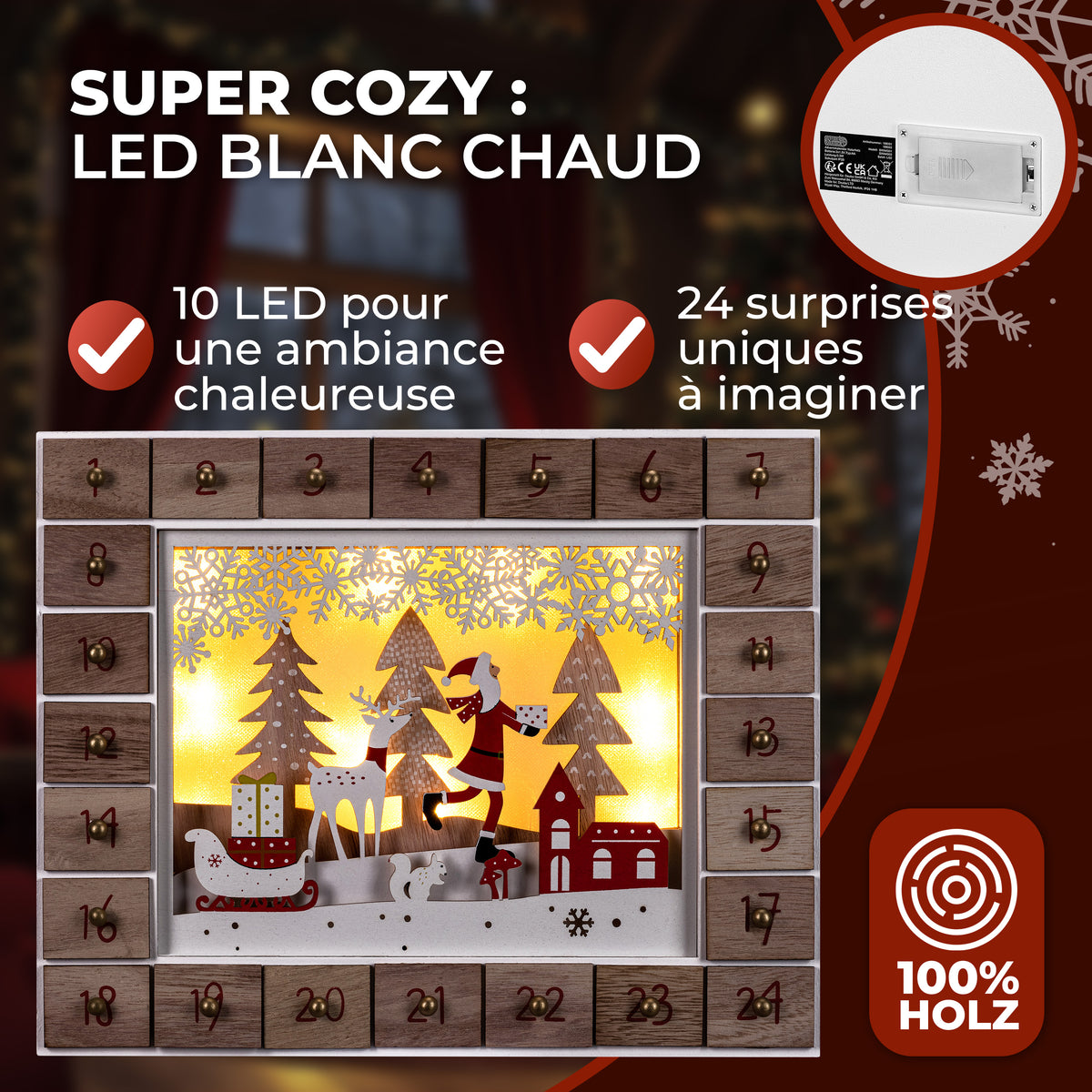 Calendario dell'avvento LED Babbo Natale legno riutilizzabile