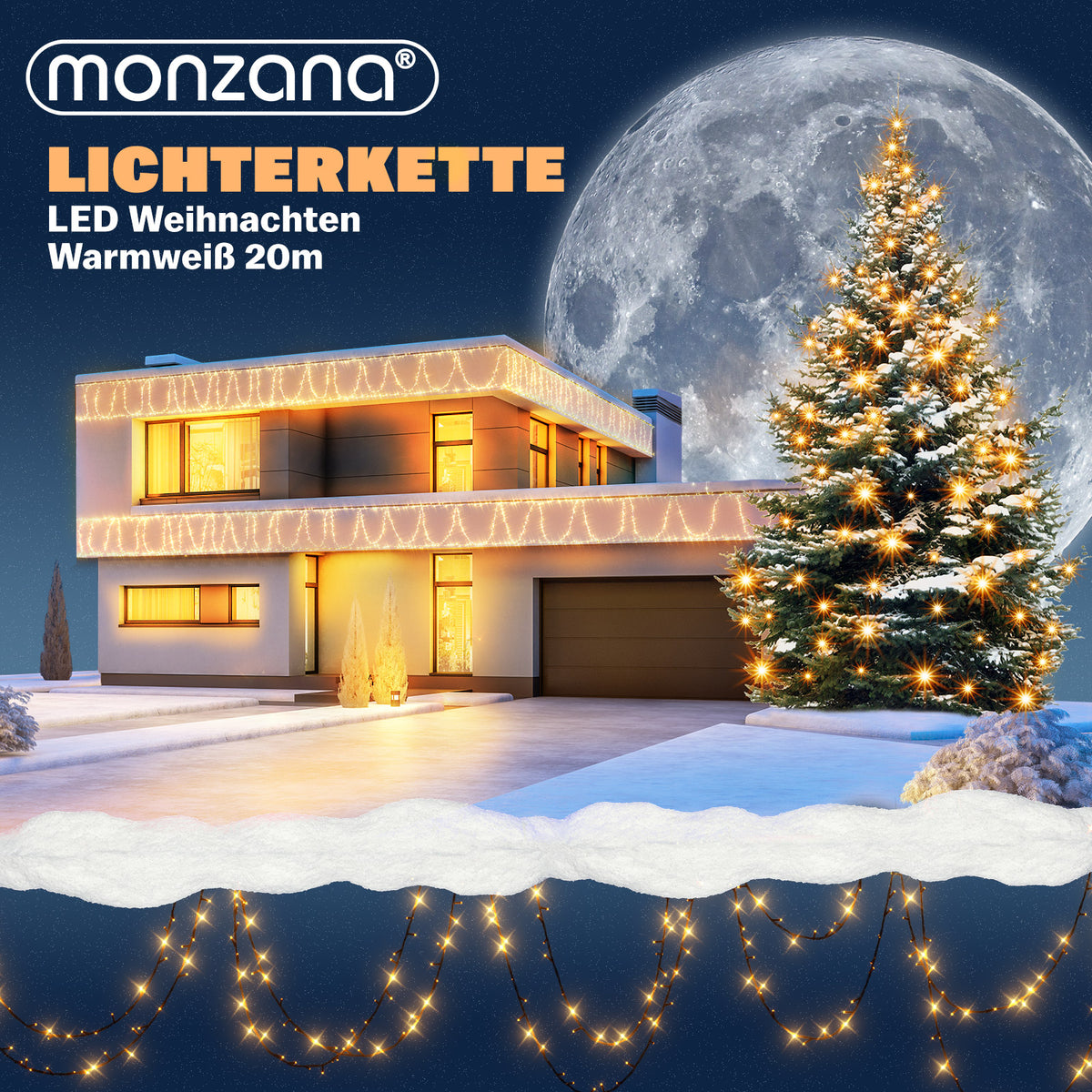 Catena di luci Natale 200 LED bianco caldo 20m telecomando