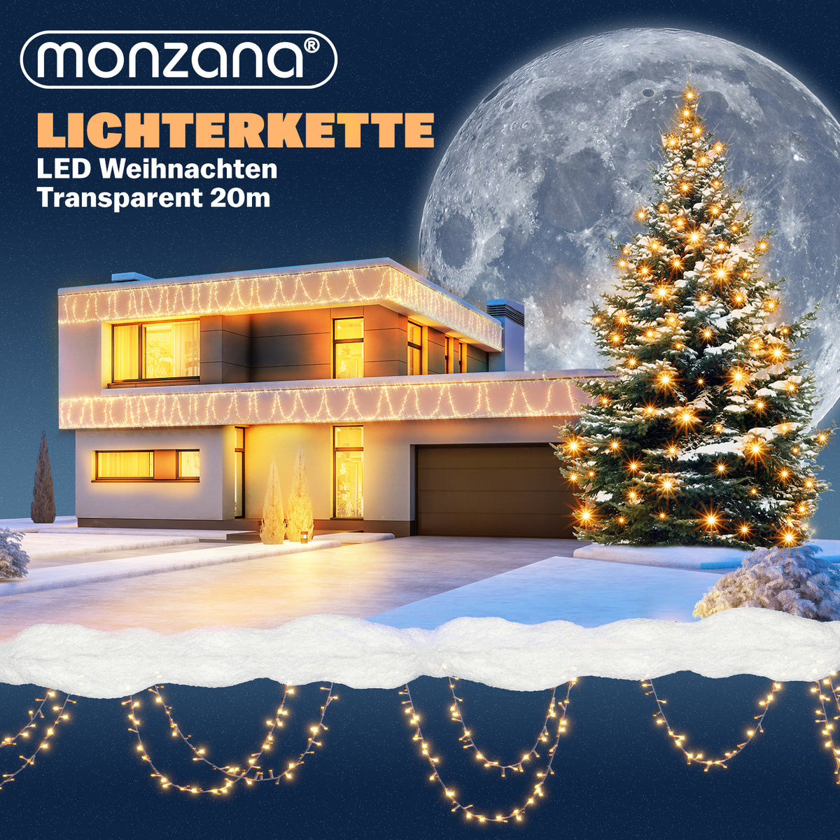 Catena di luci Natale 200 LED transparente bianco caldo 20m