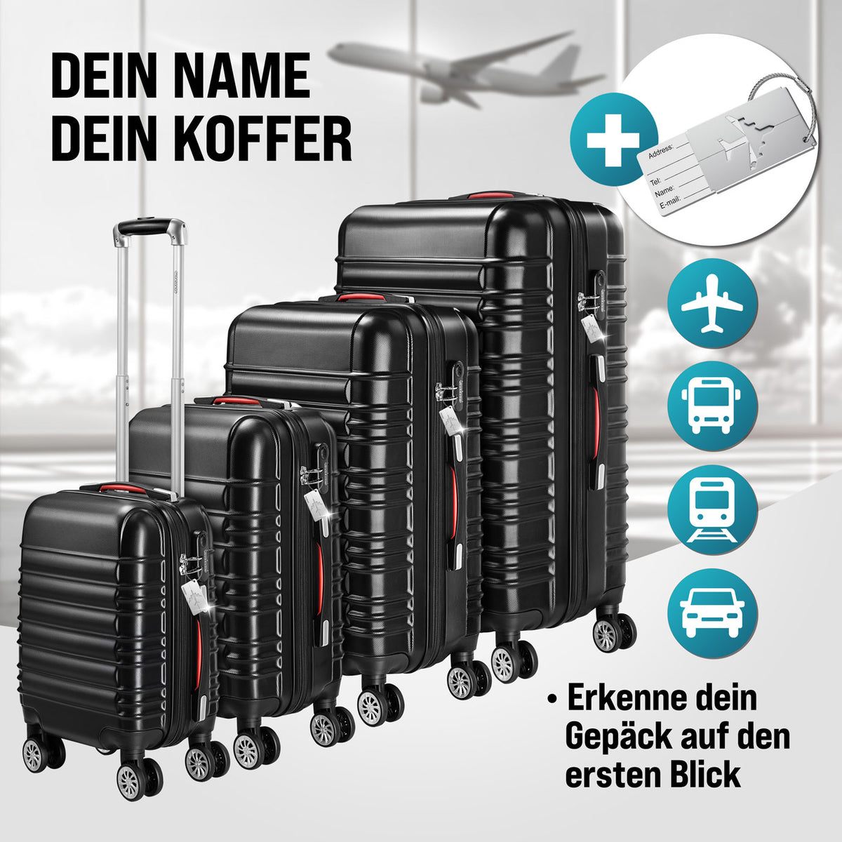 Set di valigie rigide Baseline 4 pezzi, accessori in ABS nero