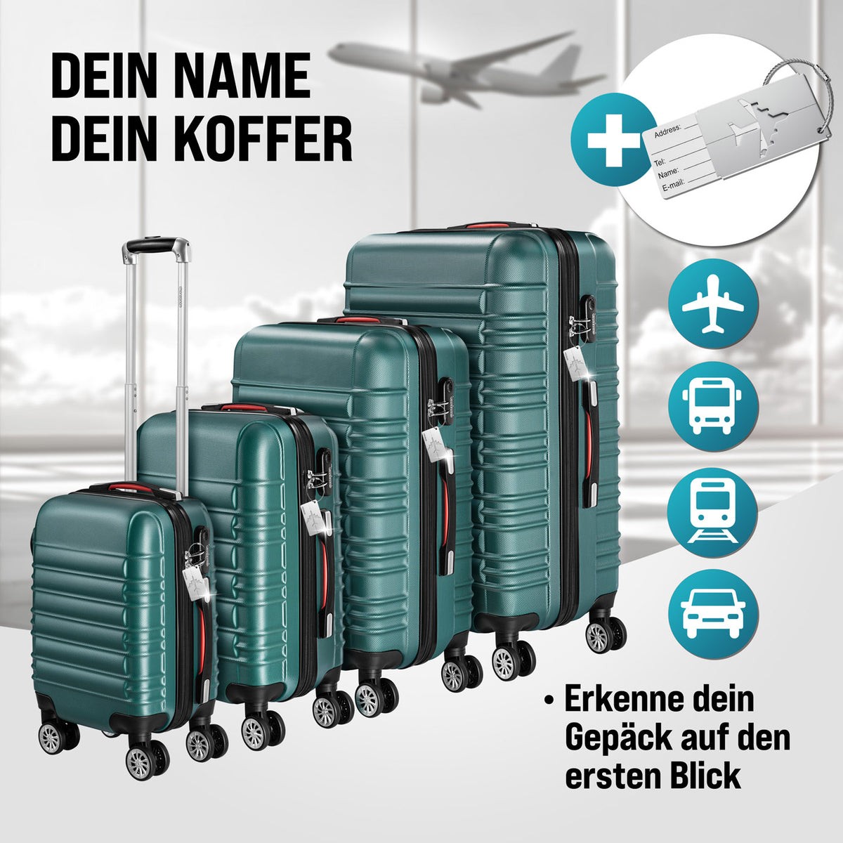 Set di valigie rigide 4 pezzi Baseline, accessori verdi in ABS