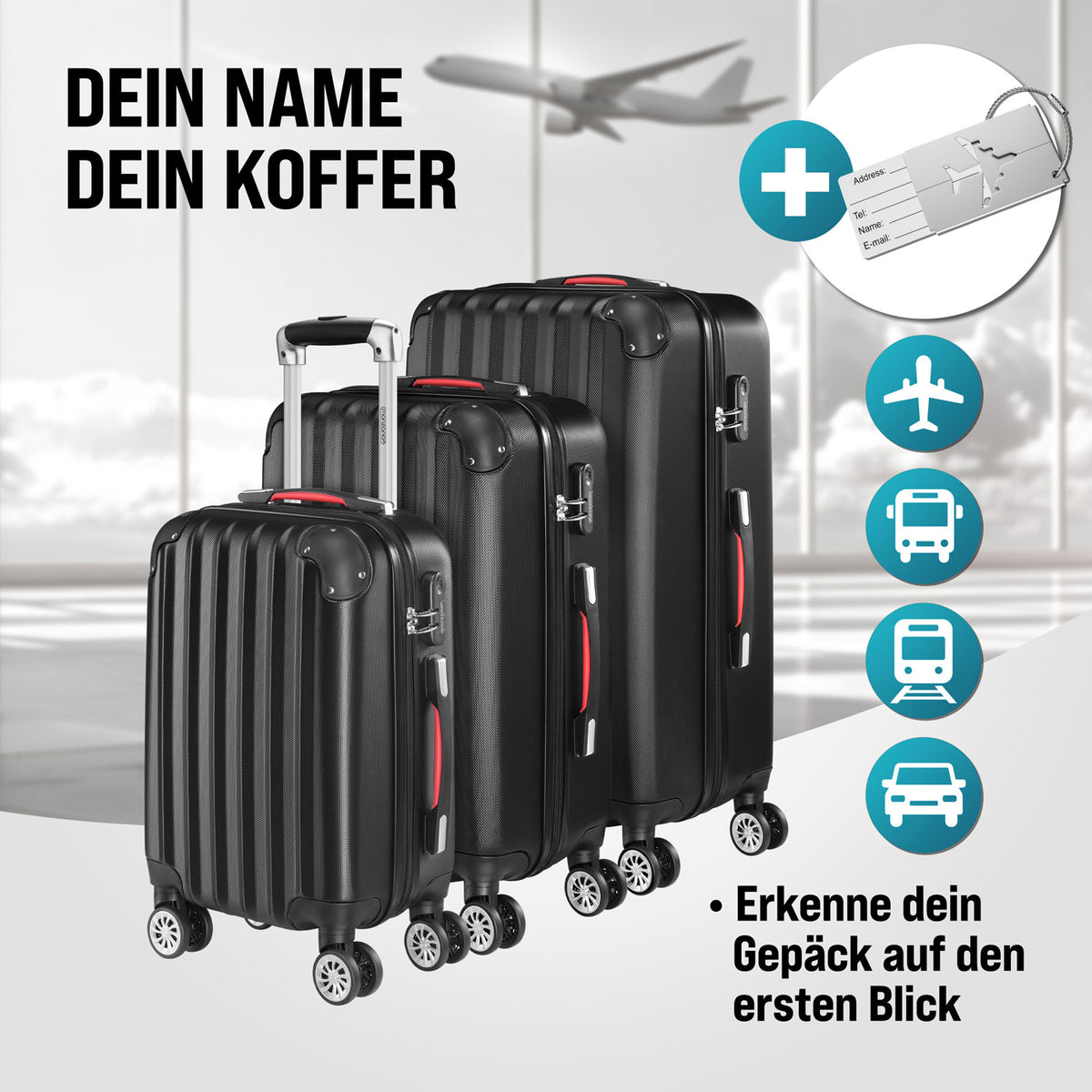 Set di valigie rigide 3 pezzi Baseline, accessori in ABS nero