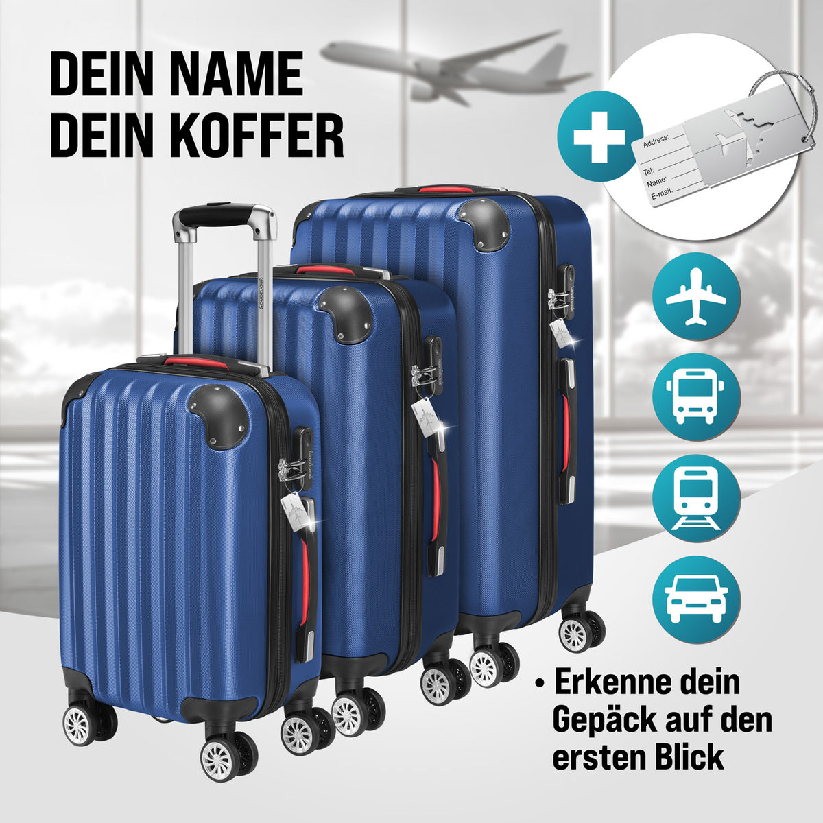 Set di valigie rigide 3 pezzi Baseline, accessori in ABS blu