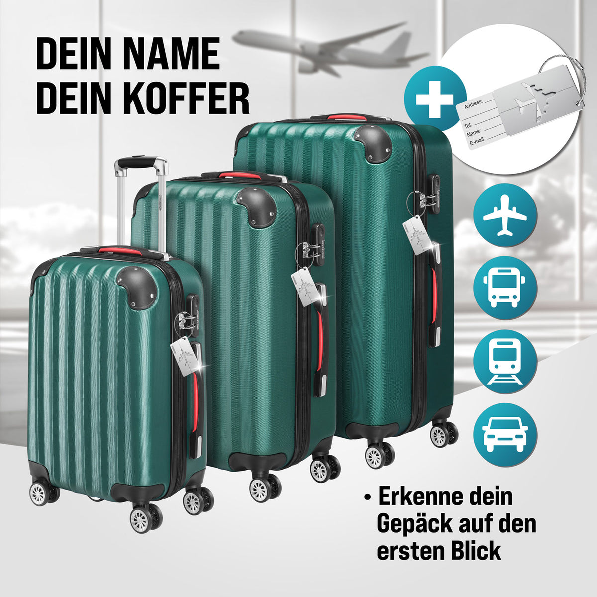 Set di valigie rigide 3 pezzi Baseline, accessori verdi in ABS