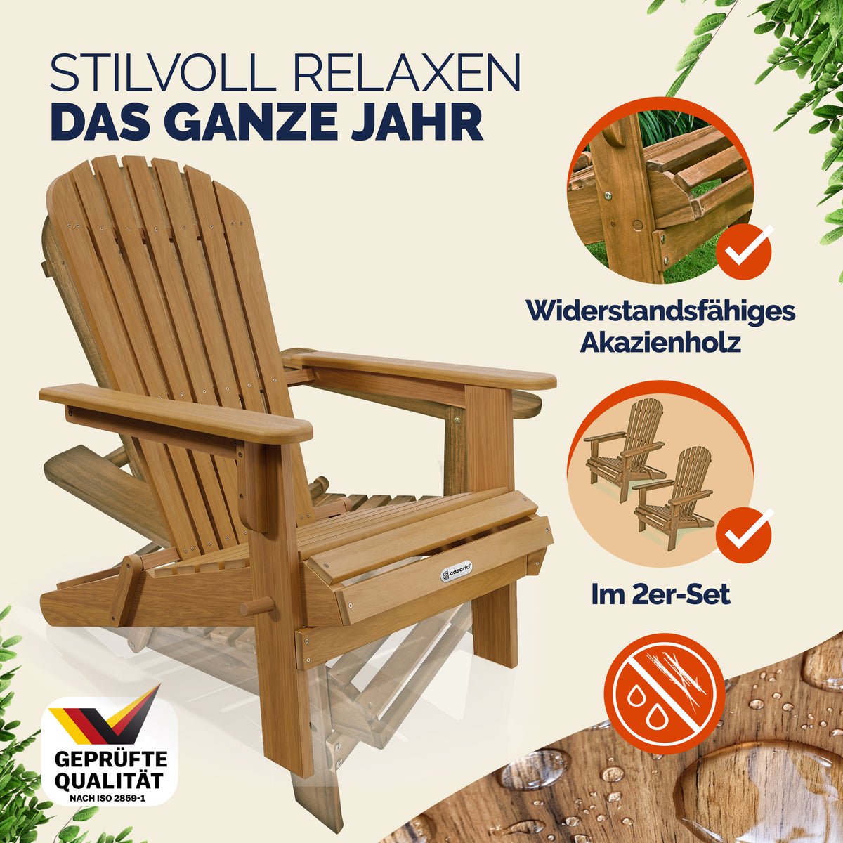 Set 2x sedia prendisole Adirondack acacia pieghevole