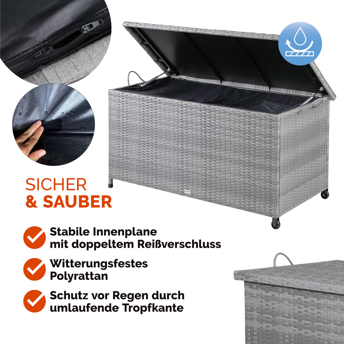 Polyrattan Cushion Box Grigio 117x53x60cm con Ruote