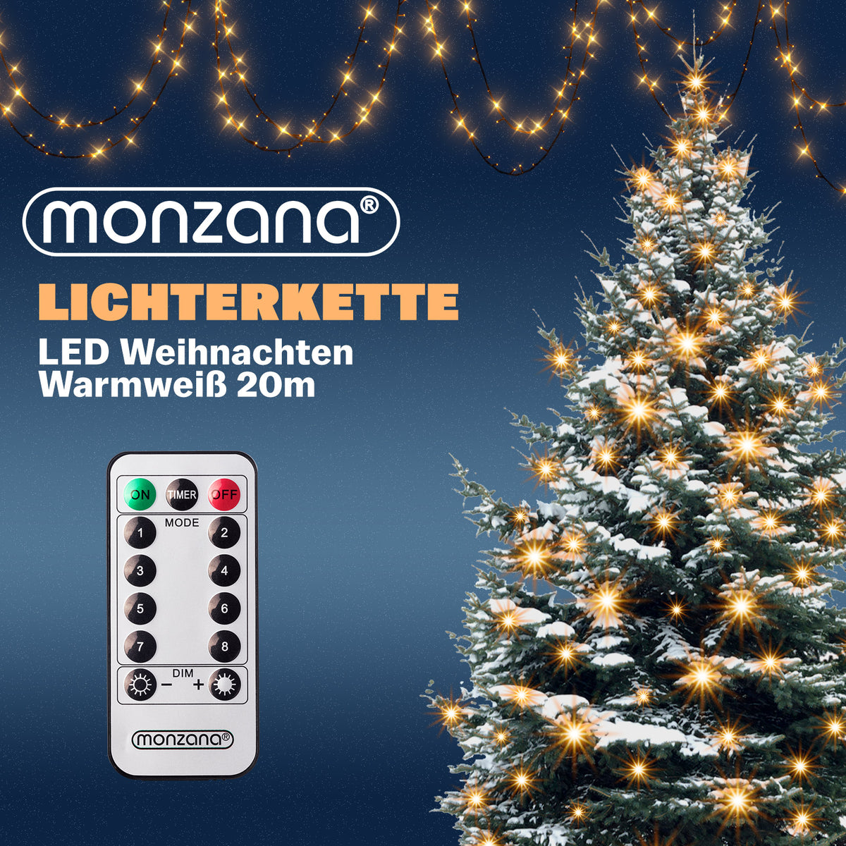 Catena di luci Natale 200 LED bianco caldo 20m telecomando