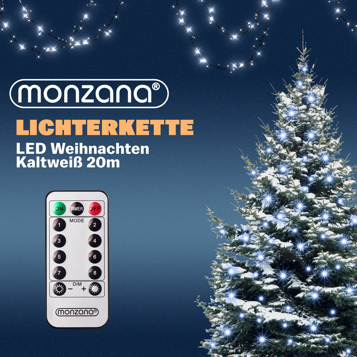 Catena di luci Natale 200 LED bianco freddo 20m telecomando