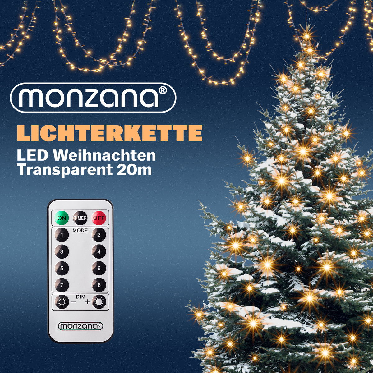 Catena di luci Natale 200 LED transparente bianco caldo 20m