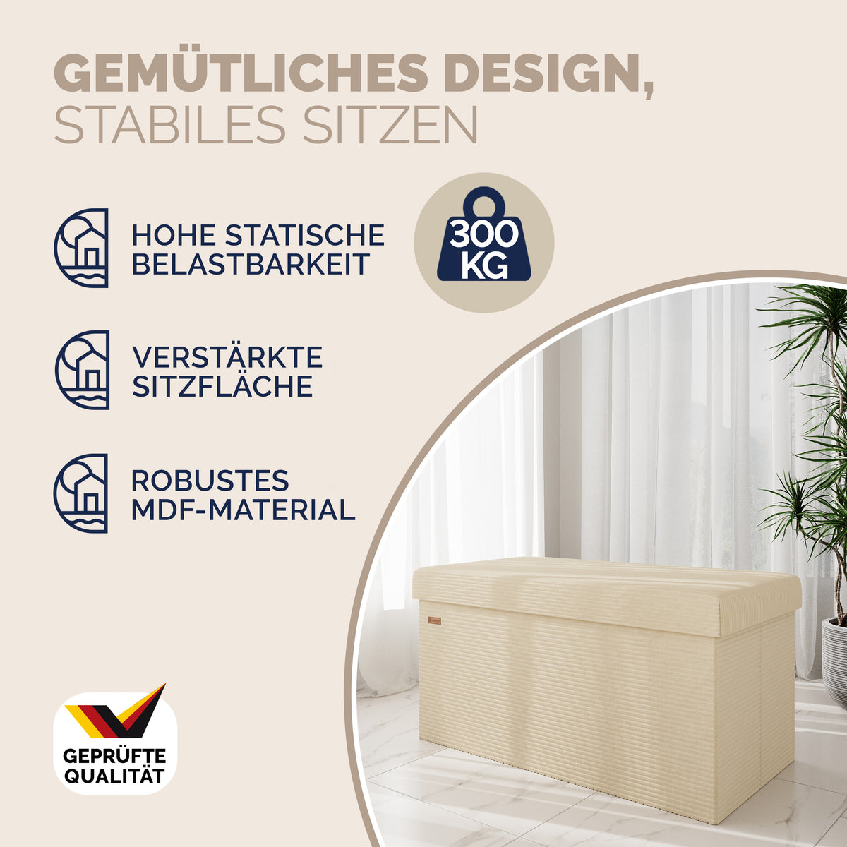 Panchina Beige Corda 76x38x38cm MDF pieghevole