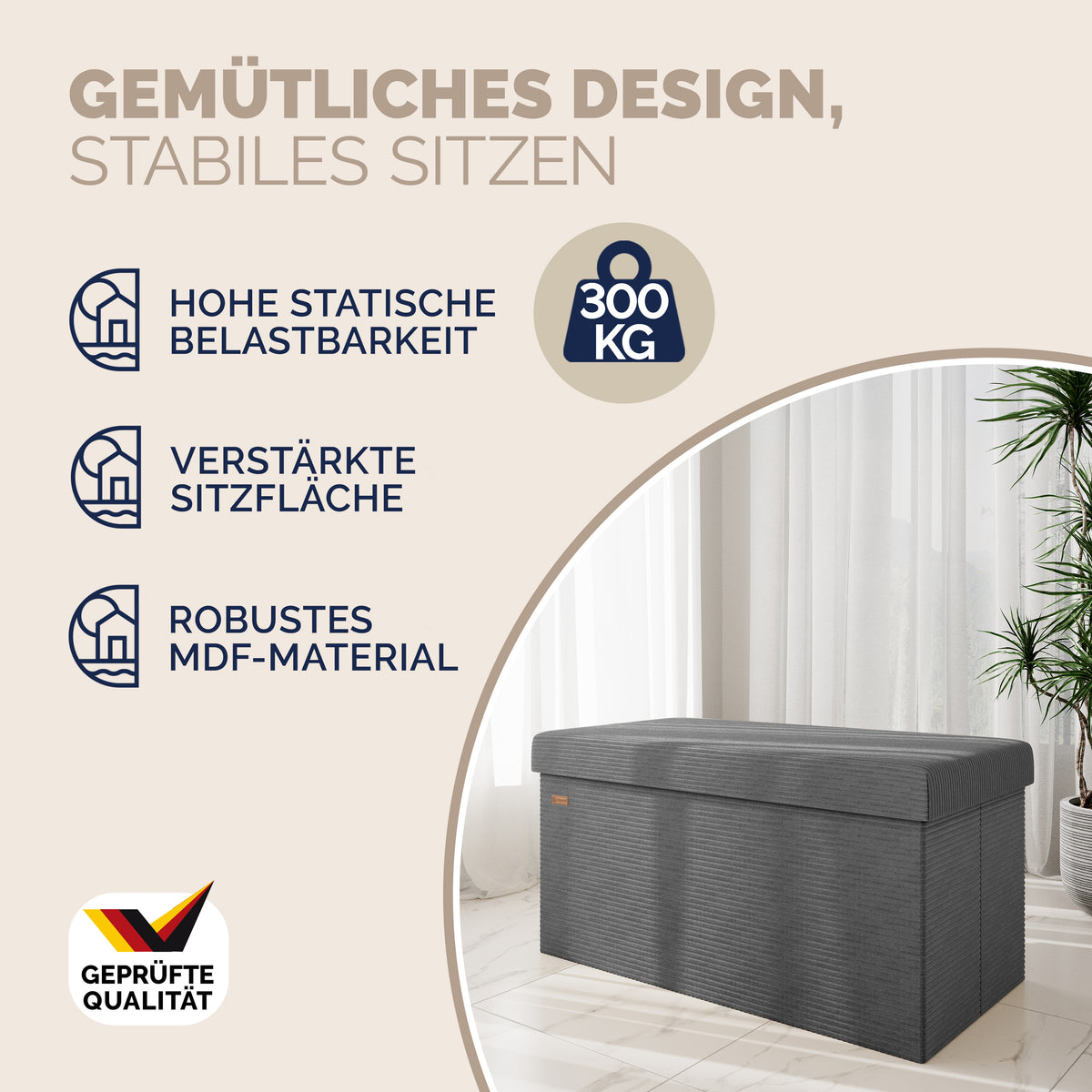 Panca antracite in corda 76x38x38cm in MDF pieghevole