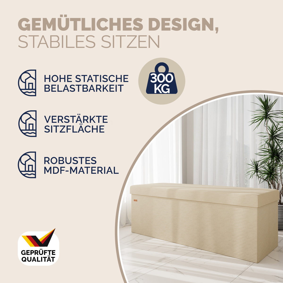 Panchina Beige Corda 114x38x38cm MDF pieghevole