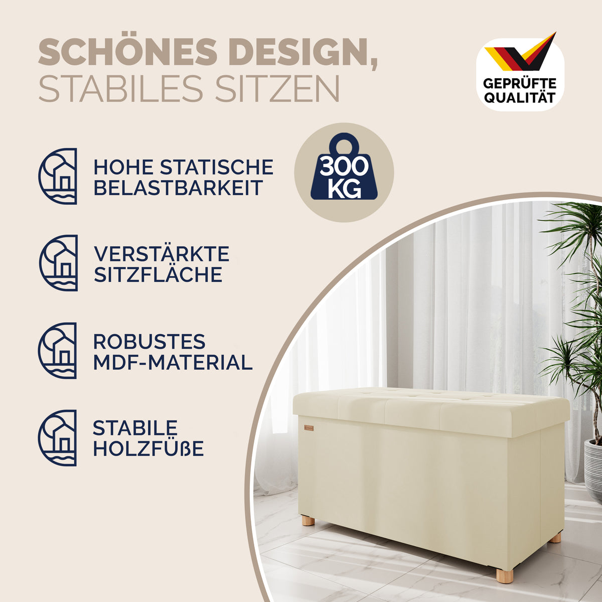 Panca in velluto beige 76x38x42cm pieghevole con spazio di archiviazione
