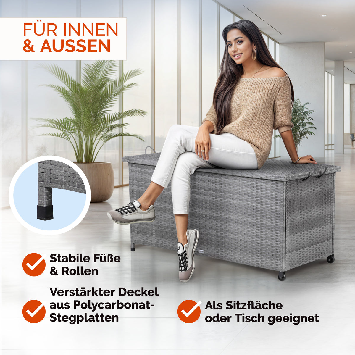 Polyrattan Cushion Box Grigio 117x53x60cm con Ruote