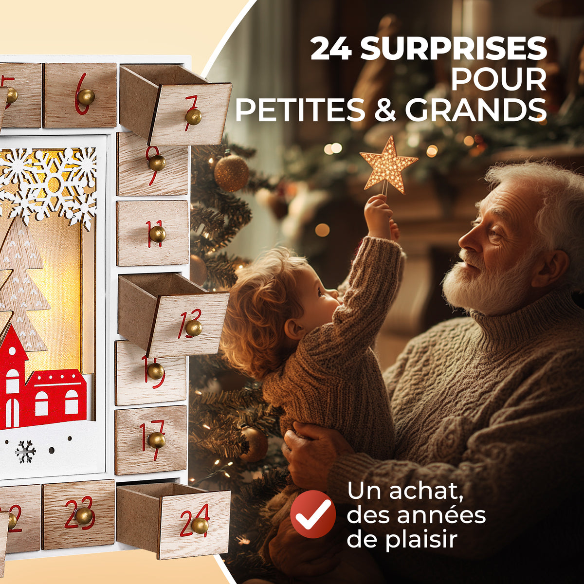 Calendario dell'avvento LED Babbo Natale legno riutilizzabile