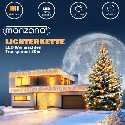Catena di luci Natale 200 LED transparente bianco caldo 20m