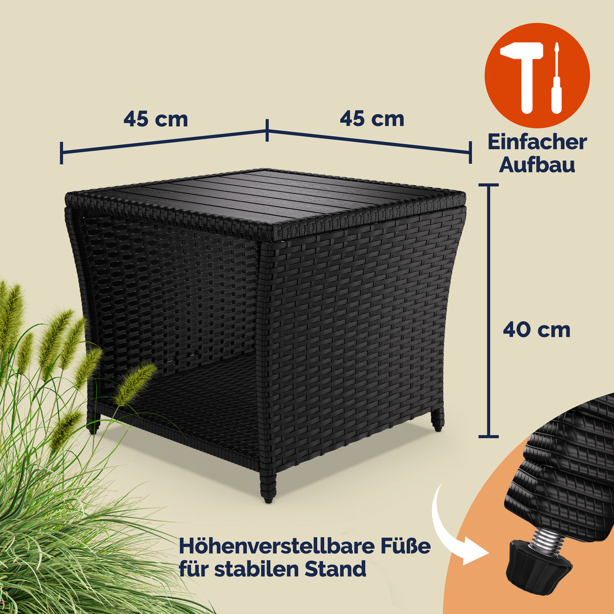 Tavolino da giardino nero 45x45x40cm altezza regolabile