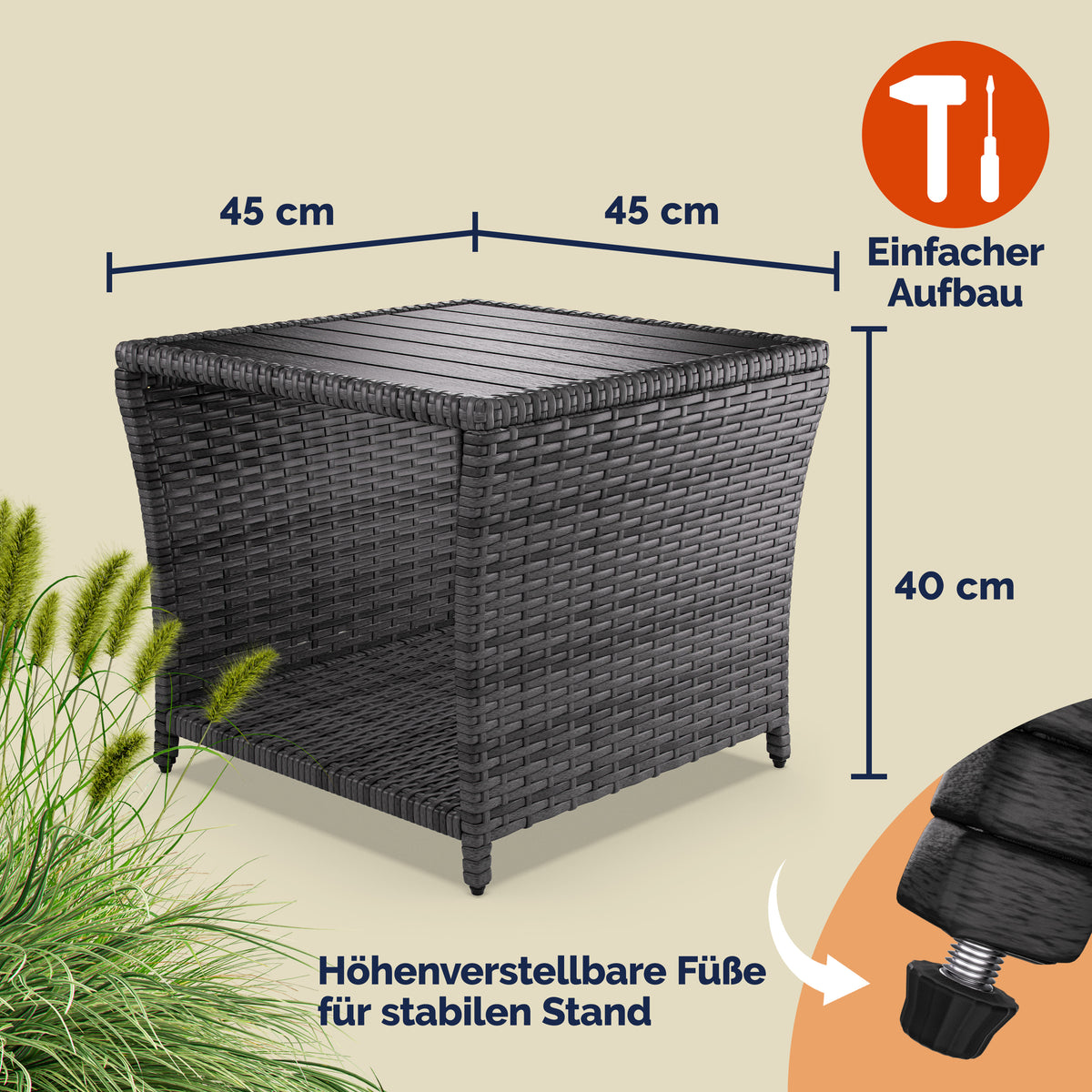 Tavolino da giardino grigio 45x45x40cm altezza regolabile