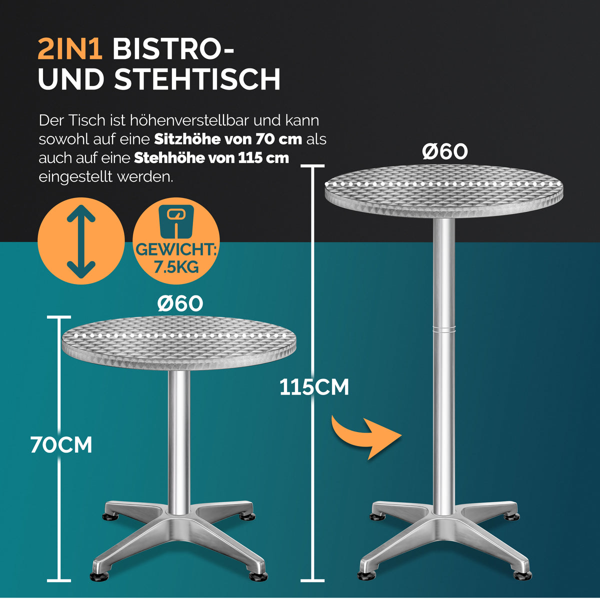 Set di 2 tavoli da bar in alluminio argento Ø60cm Altezza regolabile