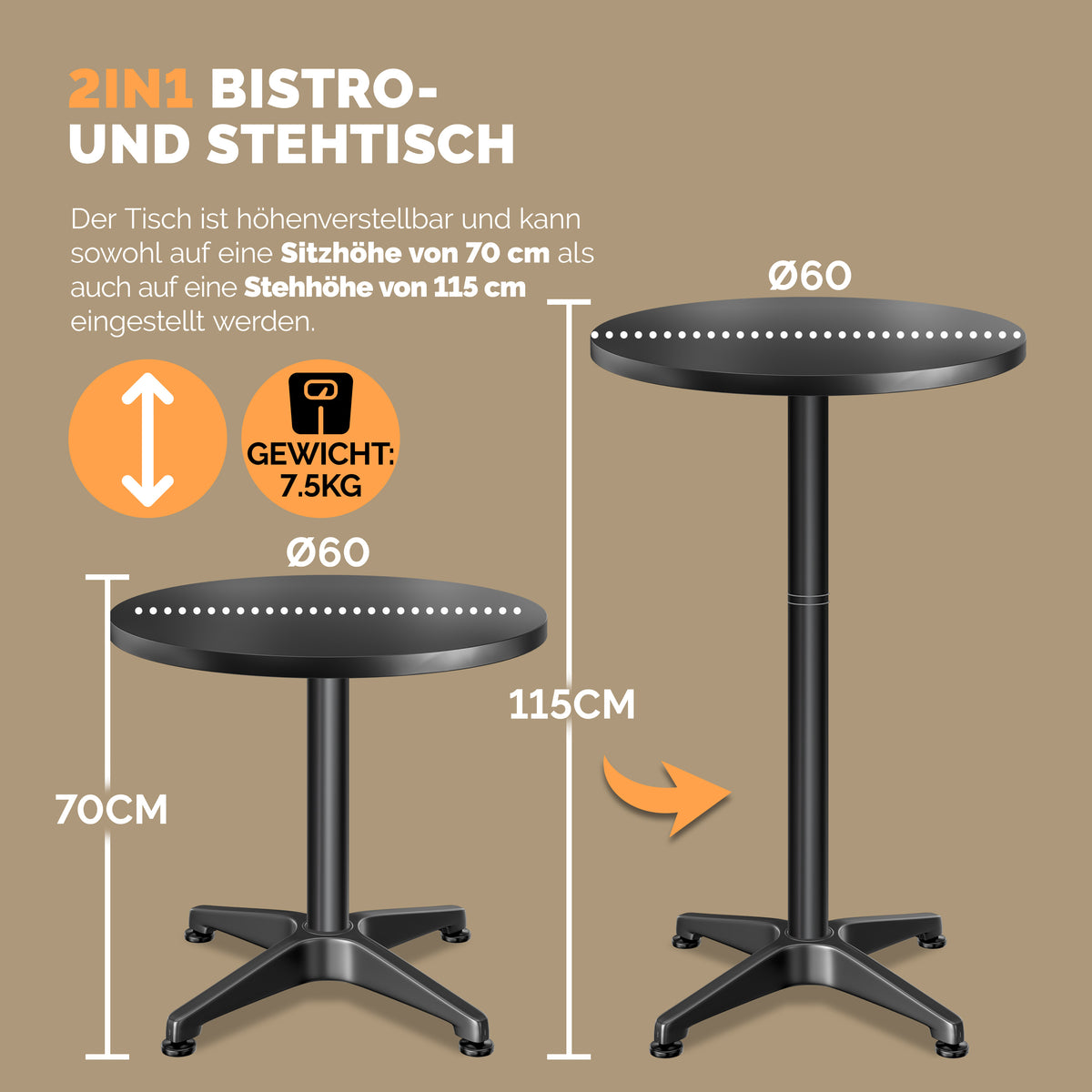 Tavolo alto in alluminio Set di 2 Nero Ø60cm regolabile in altezza