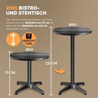 Tavolo alto in alluminio Set di 2 Nero Ø60cm pieghevole, regolabile in altezza