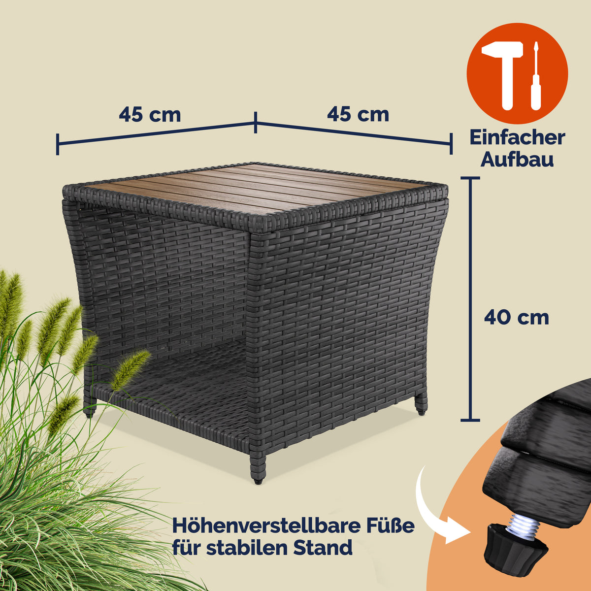 Tavolino in polyrattan grigio 45x45x40cm