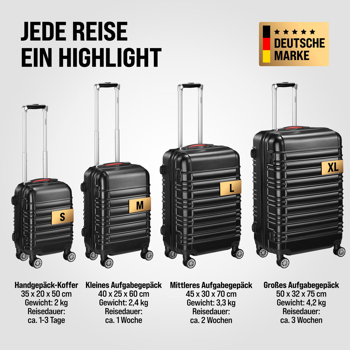 Set di valigie rigide Baseline 4 pezzi, accessori in ABS nero