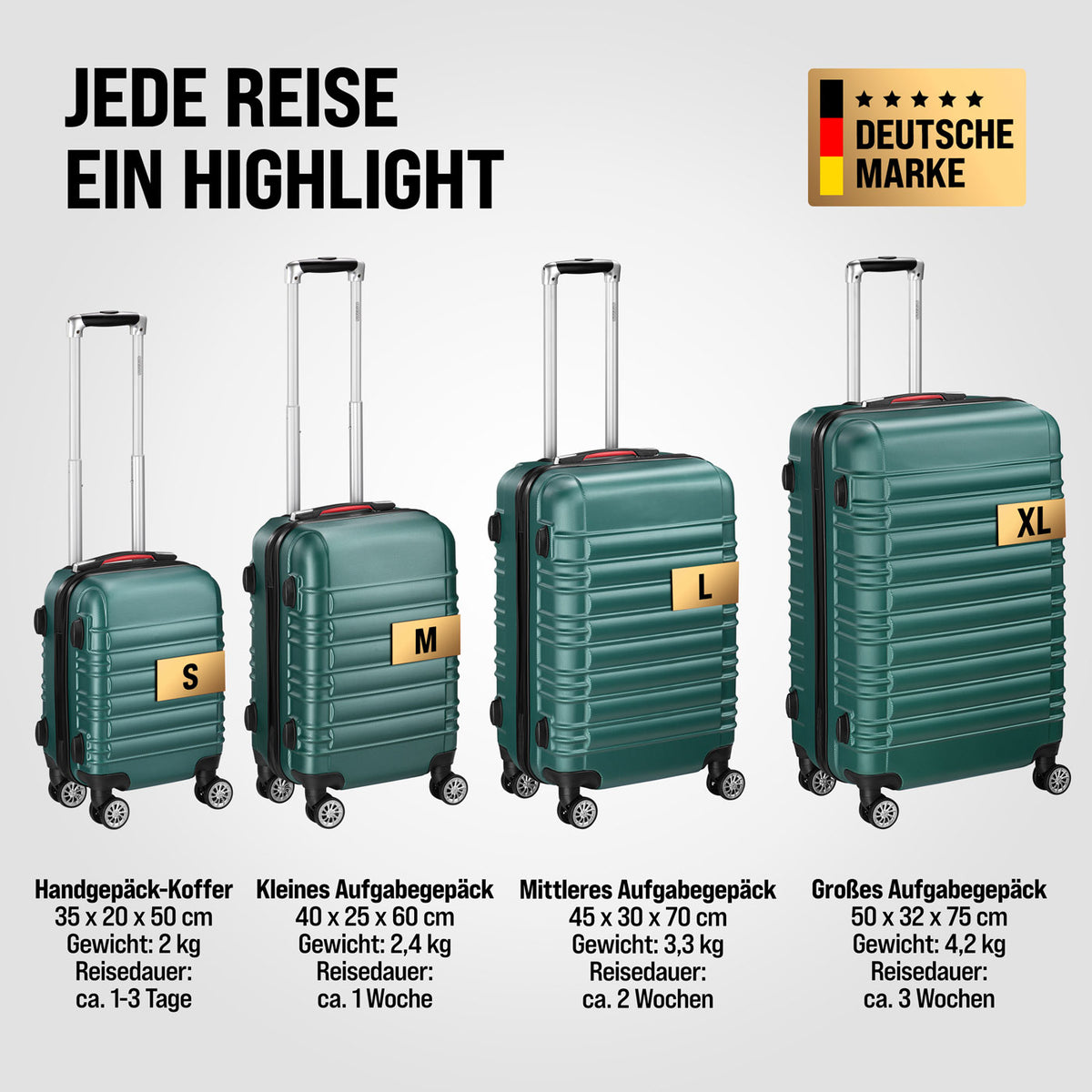 Set di valigie rigide 4 pezzi Baseline, accessori verdi in ABS