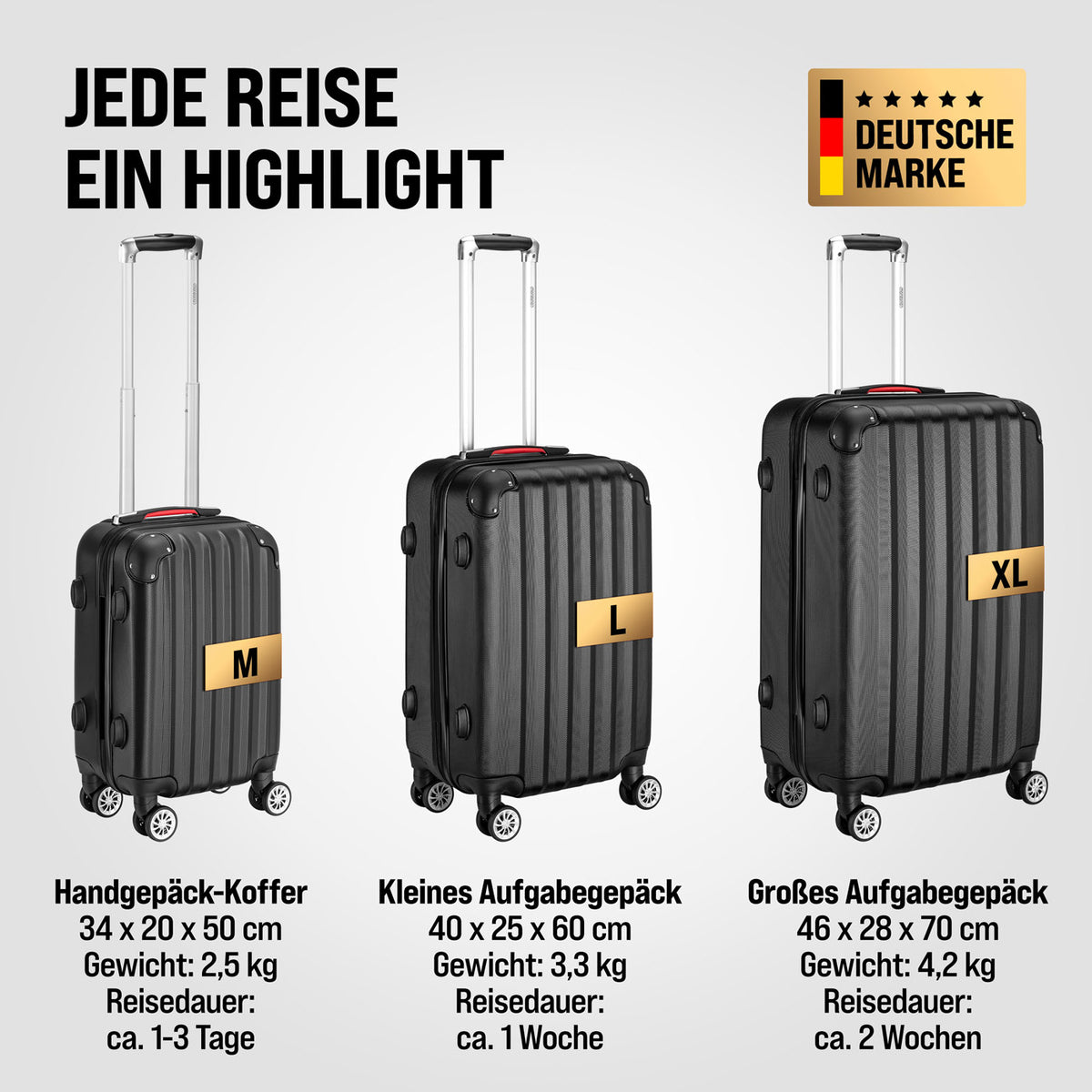 Set di valigie rigide 3 pezzi Baseline, accessori in ABS nero