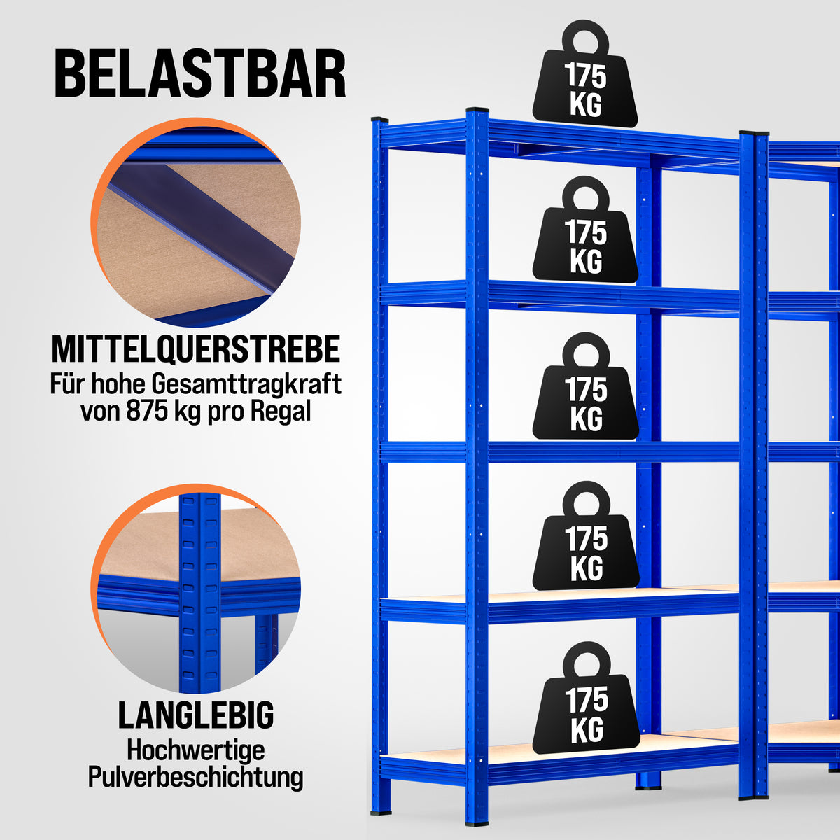 Set di 3 scaffali angolari e per carichi pesanti blu da 875 kg l'uno