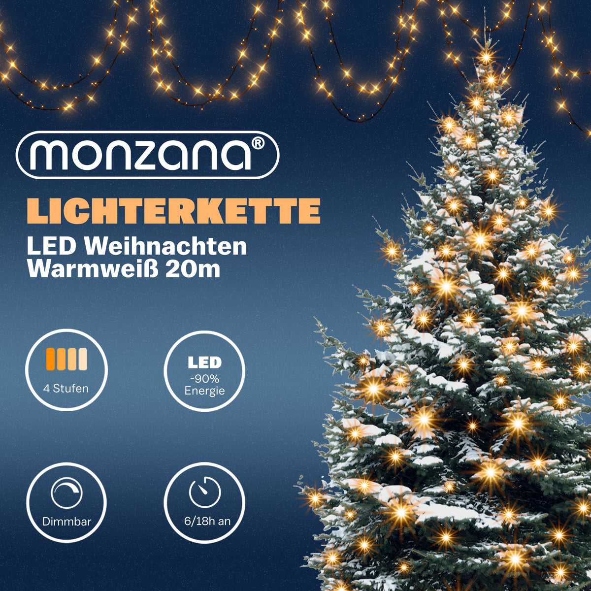 Catena di luci Natale 200 LED bianco caldo 20m telecomando