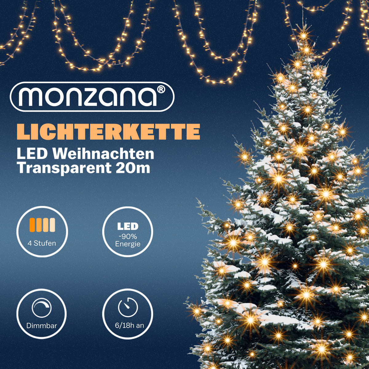 Catena di luci Natale 200 LED transparente bianco caldo 20m