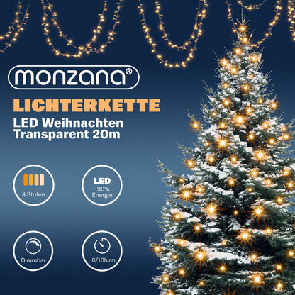 Catena di luci Natale 200 LED transparente bianco caldo 20m