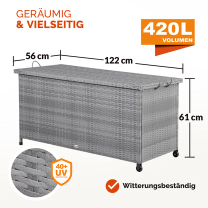 Polyrattan Cushion Box Grigio 117x53x60cm con Ruote