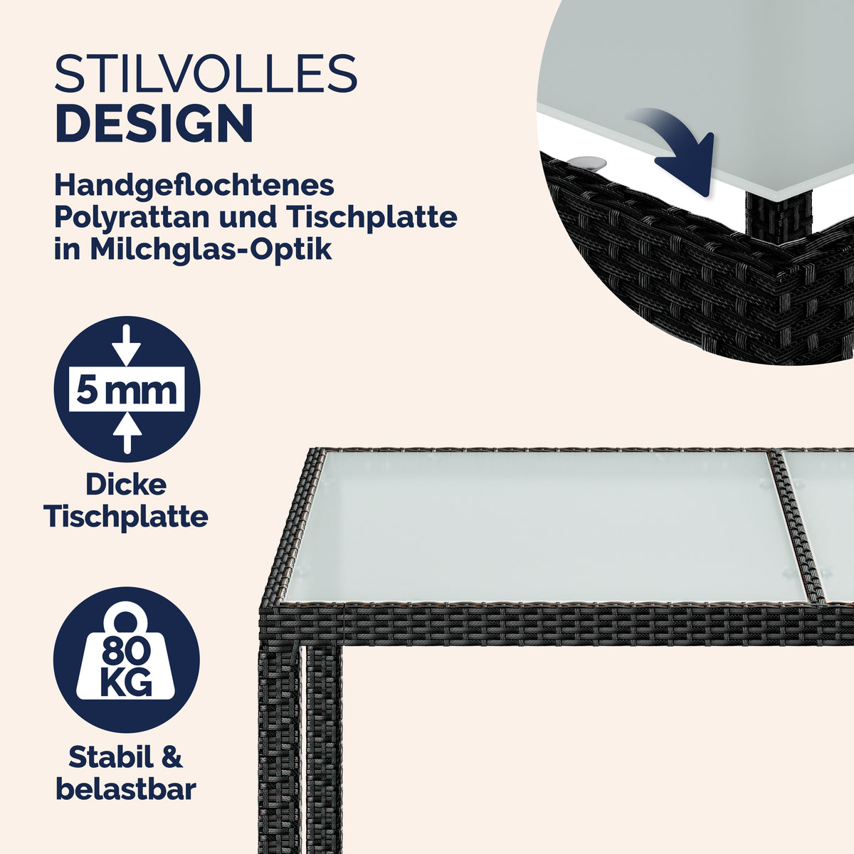 Tavolo da giardino in polyrattan nero 150x90x75cm vetro