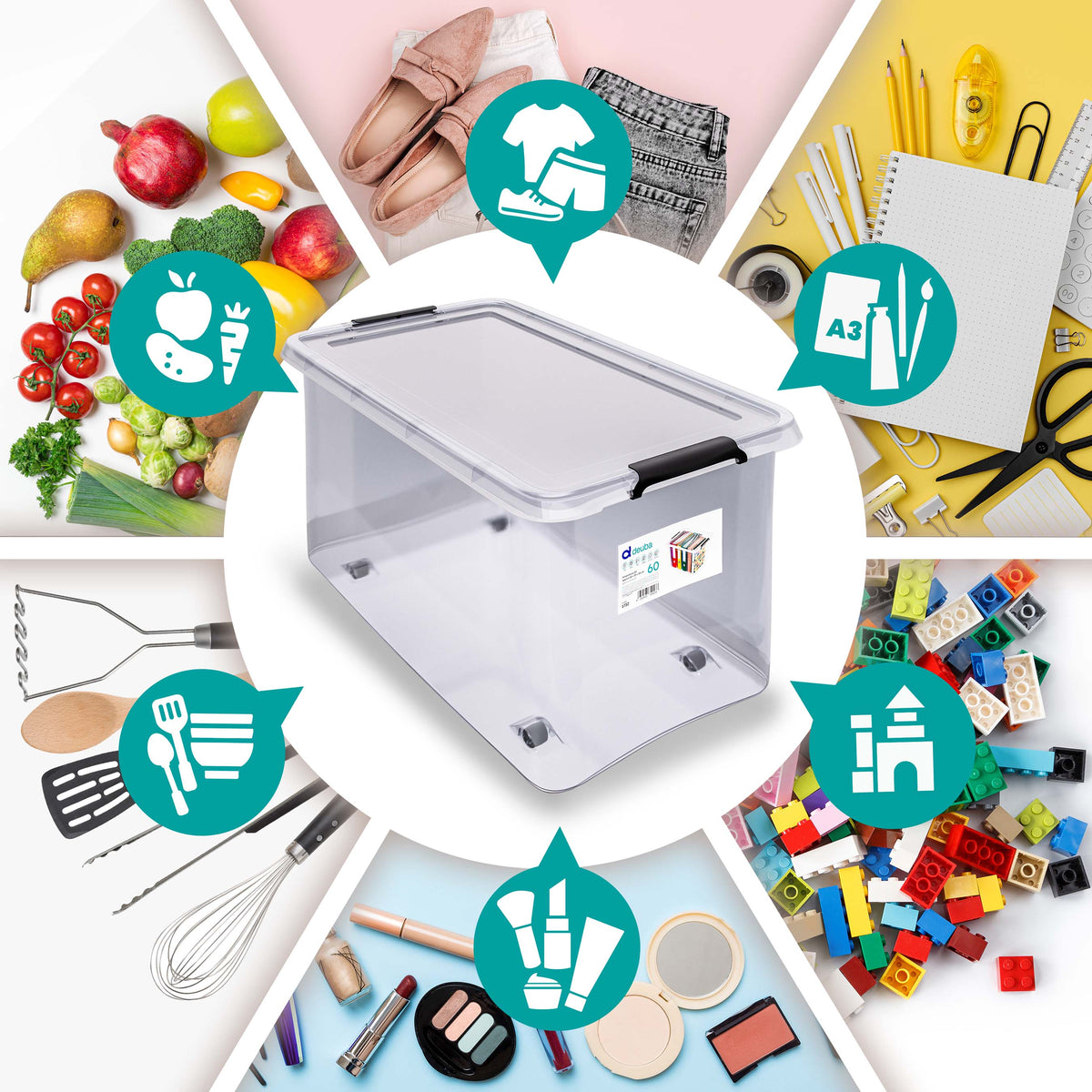 Set di 6 scatole portaoggetti trasparenti 60x40x35cm 60L
